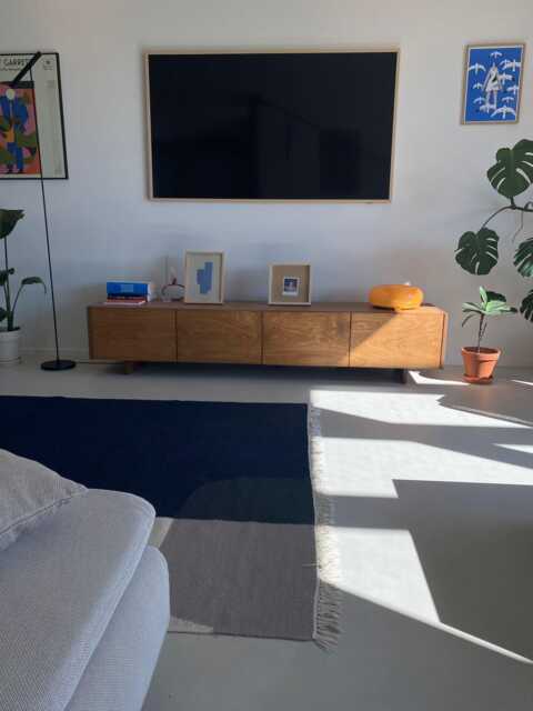 Minimalist Japandi Plywood Media Console With Two Drawers & Cabinets, Oak Color - image 1