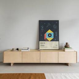 Minimalist Japandi Plywood Media Console With Two Drawers & Cabinets, Oak Color - thumbnail 2