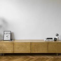 Minimalist Japandi Plywood Media Console With Two Drawers & Cabinets, Oak Color - thumbnail 3