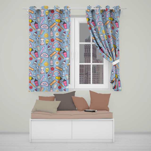 Cute Kawaii School Supplies Rainbow Apple Glue Blue Seamless Pattern Readymade Eyelet Ring Top Thermal 100% Blackout Curtains - image 1
