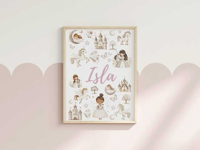 Girls Nursery Prints, Unicorn Bedroom Wall Art, Personalised Name Print, Princess Playroom Fairy Prints - image 1