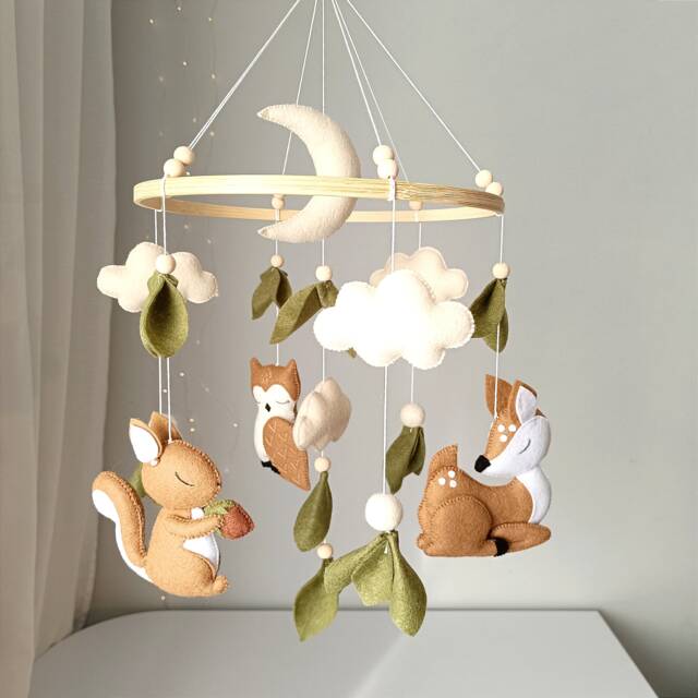 Woodland Mobile, Forest Crib Mobile Baby Boy Girl, Owl, Deer, Squirrel, Felt Nursery Moon Mobile - image 1