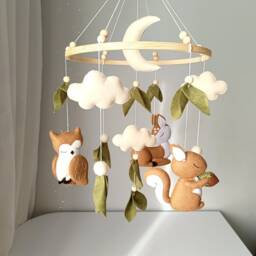 Woodland Mobile, Forest Crib Mobile Baby Boy Girl, Owl, Deer, Squirrel, Felt Nursery Moon Mobile - thumbnail 2