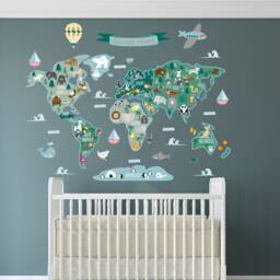 Personalized World Map Wall Decal Jungle Animals Nursery Decor - thumbnail 1