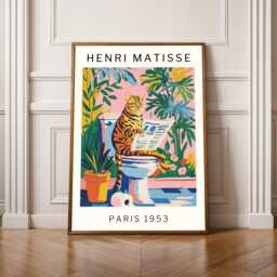 Funny Bengal Cat Bathroom Wall Art Matisse Style Reading Newspaper Toilet Humor Poster For Powder Room Lovers Gift Decor - thumbnail 1