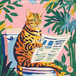 Funny Bengal Cat Bathroom Wall Art Matisse Style Reading Newspaper Toilet Humor Poster For Powder Room Lovers Gift Decor - thumbnail 3
