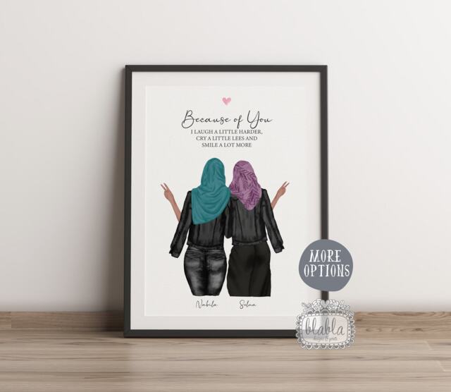 Personalised Muslim Best Friends Gift, Friend Poster, Hijab, Art, Birthday Gift - image 1