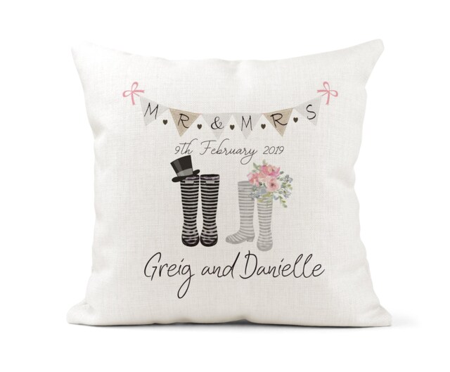 Personalised Welly Boot Wedding Cream Canvas Cushion, Scatter Home Decor, Wellies, Mr & Mrs, Farmer, Country Life - image 1