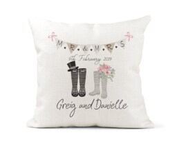 Personalised Welly Boot Wedding Cream Canvas Cushion, Scatter Home Decor, Wellies, Mr & Mrs, Farmer, Country Life - thumbnail 1