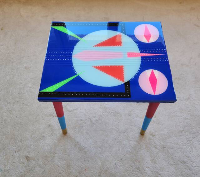 Hand Painted Epoxy Resin Coffee Table, Blue Retro Pop Art Side Table - image 1