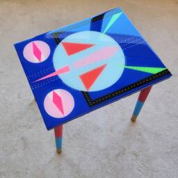 Hand Painted Epoxy Resin Coffee Table, Blue Retro Pop Art Side Table - thumbnail 2