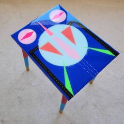 Hand Painted Epoxy Resin Coffee Table, Blue Retro Pop Art Side Table - thumbnail 3