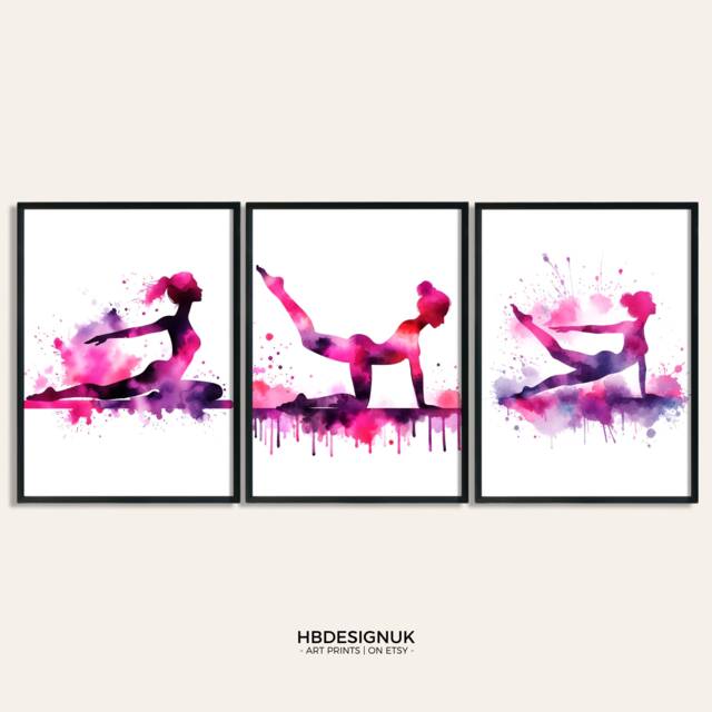 Pilates Poster Print - Set Of 3 Wall Art - Pink Watercolor Painting Artwork Picture Home Gifts Yoga Decor - image 1