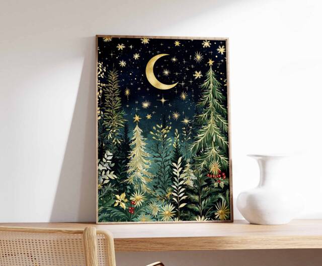 Christmas Poster, Wall Art, Festive Decor, Winter Reindeer Print, Snow Tree Art - image 1