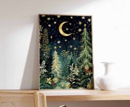 Christmas Poster, Wall Art, Festive Decor, Winter Reindeer Print, Snow Tree Art - thumbnail 1