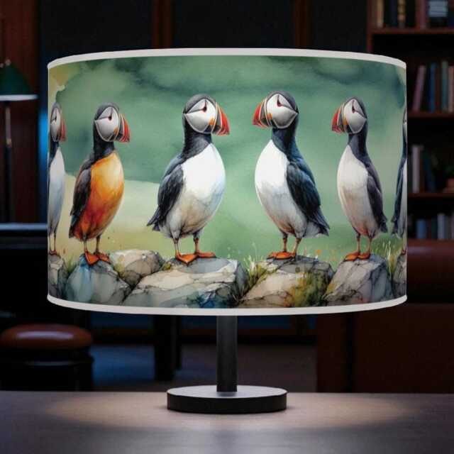 Watercolour Bird Lampshade - Puffins Lampshade Drum Ceiling Light Shade Nature Inspired Pendant For Bedroom Or Living Room - image 1
