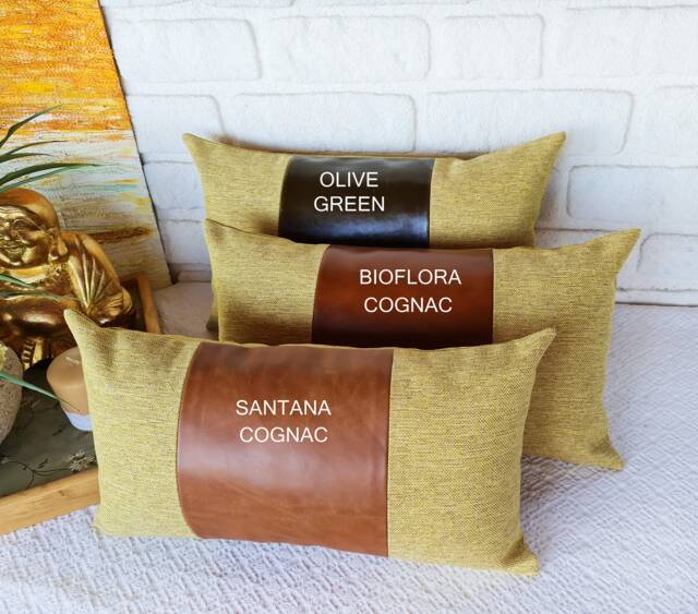 Color Block Lumbar Pillow Cover Cognac Or Olive Green Faux Leather - image 1