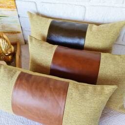 Color Block Lumbar Pillow Cover Cognac Or Olive Green Faux Leather - thumbnail 3