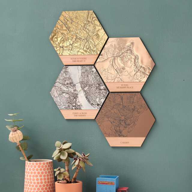 Wood, Silver, Gold, Metallic Map Wall Art Hexagonal Tile. Custom Map Gift Personalised With Any Location. Perfect Wedding Anniversary Gift - image 1