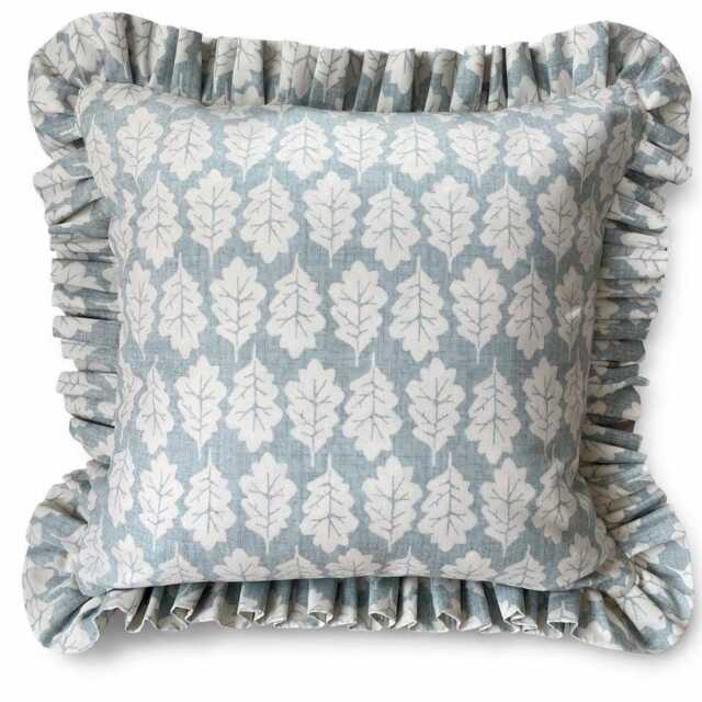 Blue Oak Leaf Ruffled Cushion Cover, Botanical Print Throw Pillow, Coastal Farmhouse Decor - image 1