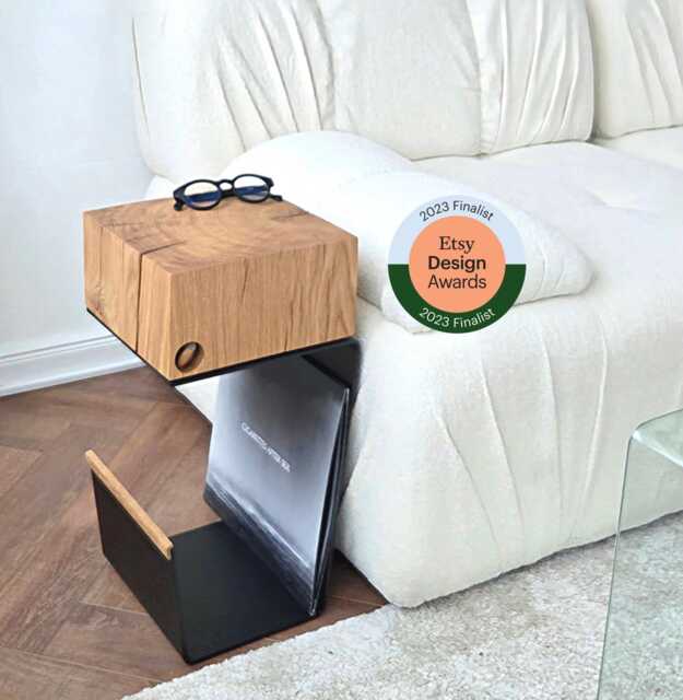 Handcrafted Solid Oak Nightstand With Black Metal Base & Real Acorn Detail - image 1