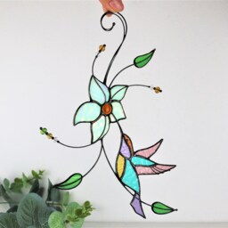 Hummingbird Stained Glass Suncatcher Farmhouse Home House Decor Bird Window Wall Hangings. Living Kitchen Room Art - thumbnail 2