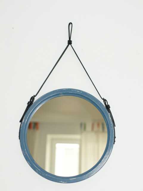 Large Round Bathroom Mirror With Frame From Wood, Elegant Wall For Decor, Modern On Leather Strap Living Room & Entryway - image 1