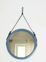 Large Round Bathroom Mirror With Frame From Wood, Elegant Wall For Decor, Modern On Leather Strap Living Room & Entryway