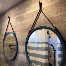Large Round Bathroom Mirror With Frame From Wood, Elegant Wall For Decor, Modern On Leather Strap Living Room & Entryway - thumbnail 3