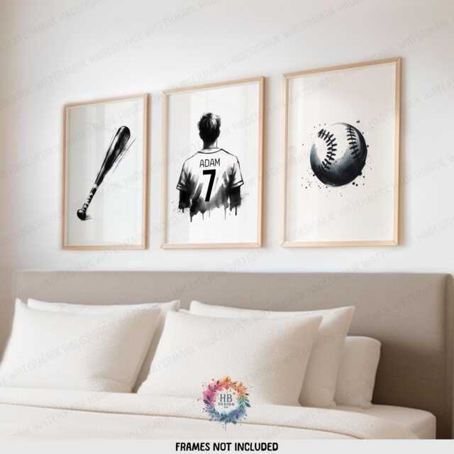 Personalized Baseball Prints - Set Of 3 Posters - Custom Boys Bedroom Decor Kids Wall Art Black & White - image 1
