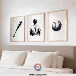 Personalized Baseball Prints - Set Of 3 Posters - Custom Boys Bedroom Decor Kids Wall Art Black & White - thumbnail 1