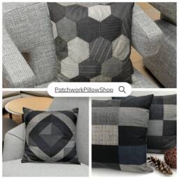 Handmade Patchwork Pillow Cover 45x50cm/18x20Inch - Scandinavian Style Geometric Pattern Hand-Quilting - thumbnail 4