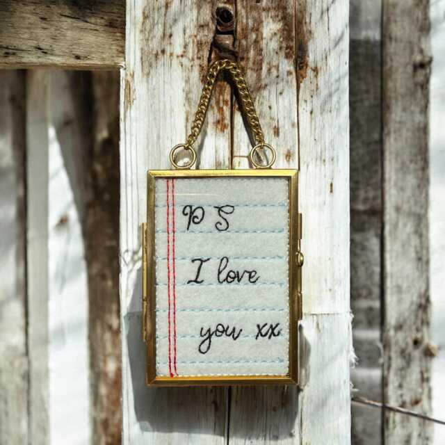 Embroidered Love Letter Miniture in A Brass & Glass Frame On Chain. , - image 1