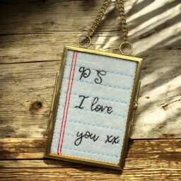 Embroidered Love Letter Miniture in A Brass & Glass Frame On Chain. , - thumbnail 2