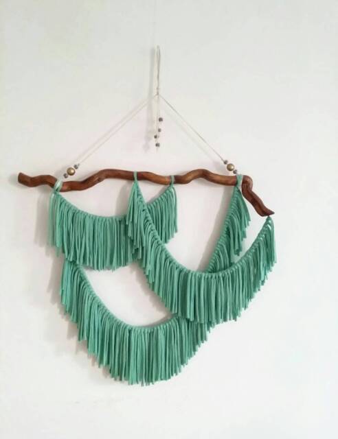 Teal Yarn Wall Hanging Modern Bohemian Tapestry With Pine Root - image 1