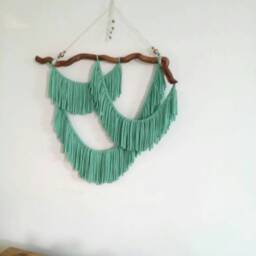 Teal Yarn Wall Hanging Modern Bohemian Tapestry With Pine Root - thumbnail 3