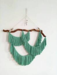 Teal Yarn Wall Hanging Modern Bohemian Tapestry With Pine Root - thumbnail 1