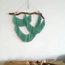 Teal Yarn Wall Hanging Modern Bohemian Tapestry With Pine Root - thumbnail 2