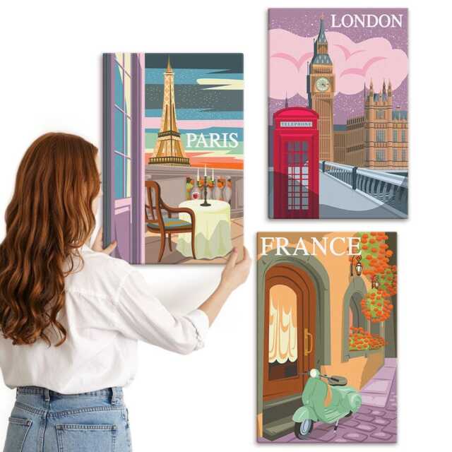 Canvas Set Of 3 - Retro Cityscapes Paris, London & France, Pink Photo Print, Travels Wall Decor - image 1
