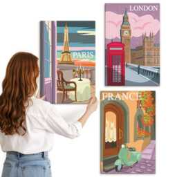 Canvas Set Of 3 - Retro Cityscapes Paris, London & France, Pink Photo Print, Travels Wall Decor - thumbnail 1