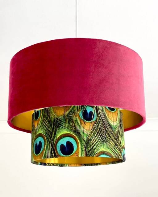 New Luxurious Handmade By Order Hot Pink Velvet & Peacock Feathers Print Two Tier Pendant Lamp Light Shade With Metallic Lining - image 1