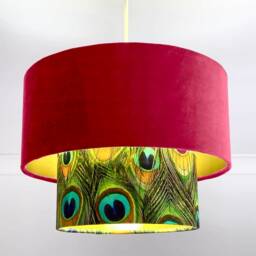 New Luxurious Handmade By Order Hot Pink Velvet & Peacock Feathers Print Two Tier Pendant Lamp Light Shade With Metallic Lining - thumbnail 2