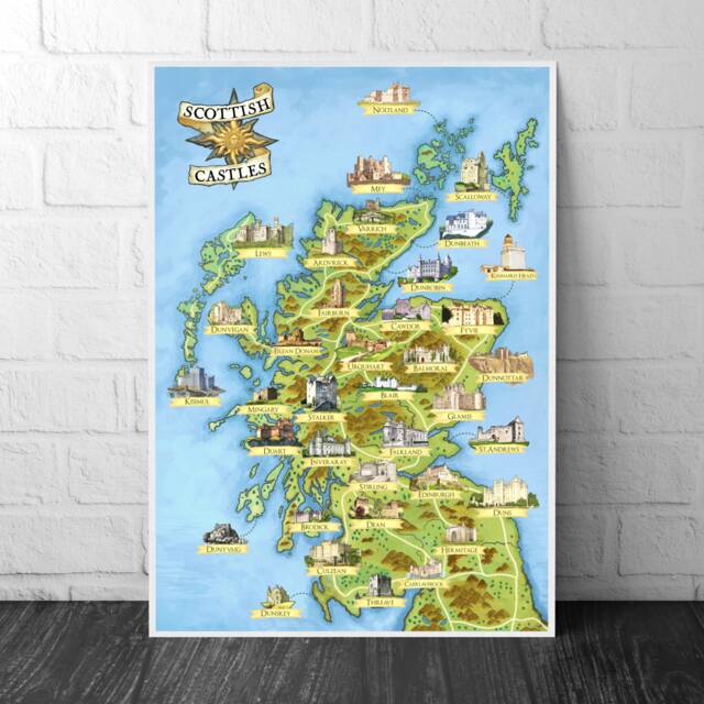 Scottish Castles - Illustrated Map Scotland Print Poster Dunnottar Edinburgh Dean Culzean Inveraray Stirling Glamis Cawdor - image 1