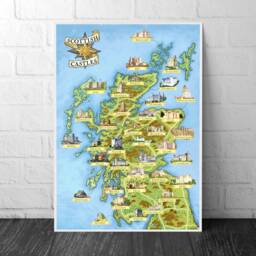 Scottish Castles - Illustrated Map Scotland Print Poster Dunnottar Edinburgh Dean Culzean Inveraray Stirling Glamis Cawdor - thumbnail 1
