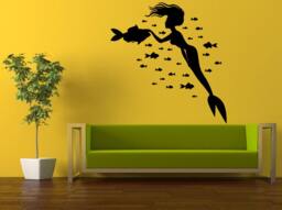 Wall Decal Vinyl Sticker Decals Interior Decor Diy Free Shipping Sea Ocean Beautiful Girl Mermaid Petting The Fish L533 - thumbnail 1