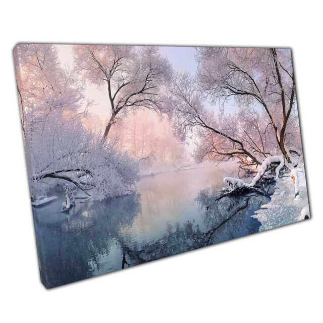 Serene Winter Landscape Snowy Woodland Forest & Frozen Lake Canvas Wall Art For Home Decor - image 1