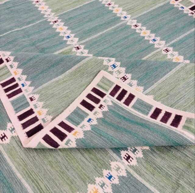 Handmade Scandinavian Kilim Runner Rug - Geometric Wool Flatweave, Blue, Purple & Green Decor - image 1