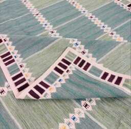 Handmade Scandinavian Kilim Runner Rug - Geometric Wool Flatweave, Blue, Purple & Green Decor - thumbnail 1