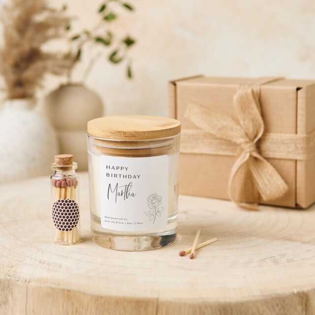 Personalised Happy Birthday Scented Vegan Candle Gift Set With Name For Her Wooden Lid Keepsake Friend Niece Auntie Mum Grandma Present - image 1
