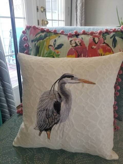 Embroidered Blue Heron Pillow - Shore Bird Beach Decor - image 1